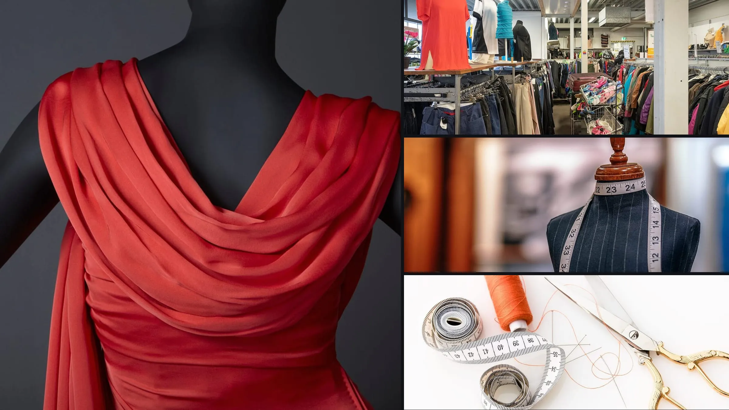 A banner of four photographs: a red dress on a tailor’s dummy, rails of secondhand clothing in a shop, a tailors’ mannequin with a measuring tape and a flat lay of a tape, thread and scissors